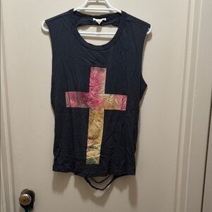 Black Sleeveless Top with Multicolor Cross Design